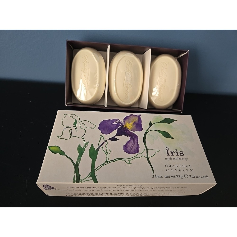 Crabtree & Evelyn IRIS Triple Milled Soap Box Set of 3 Bars Sealed Discontinued‎